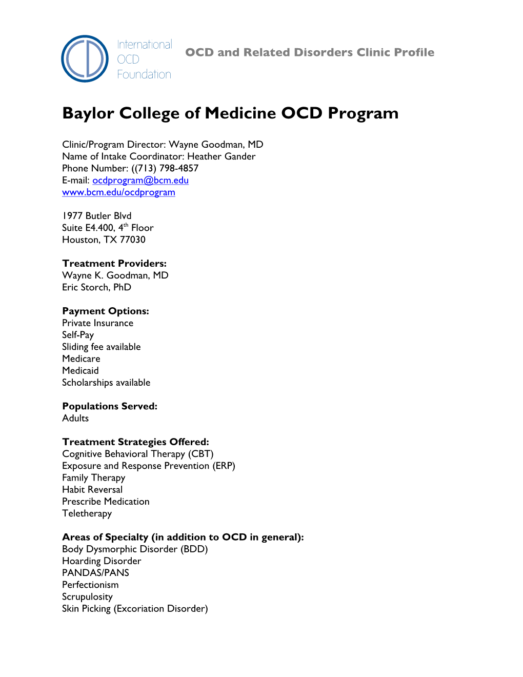 Baylor College of Medicine OCD Program