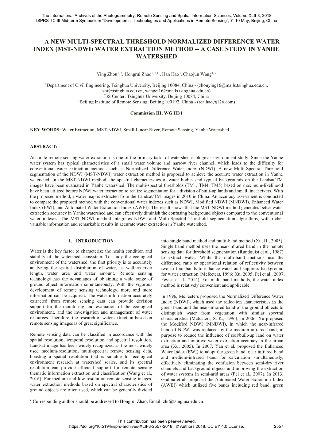 Water Extraction Method -- a Case Study in Yanhe Watershed