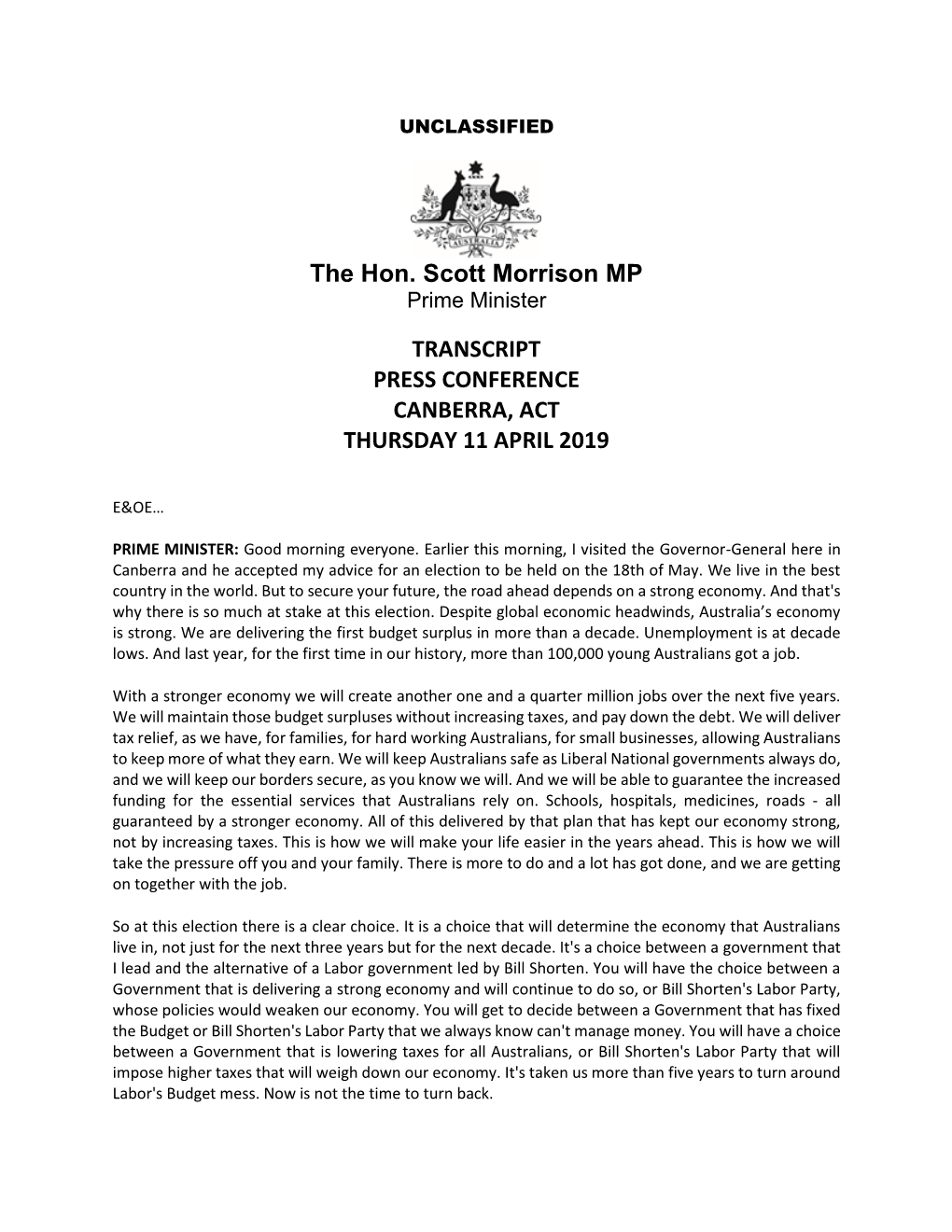 The Hon. Scott Morrison MP TRANSCRIPT PRESS