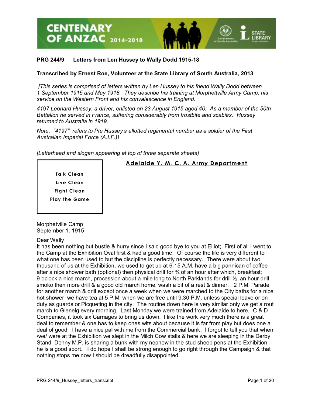 PRG 244/9 Letters from Len Hussey to Wally Dodd 1915-18 Transcribed by Ernest Roe, Volunteer at the State Library of South Austr