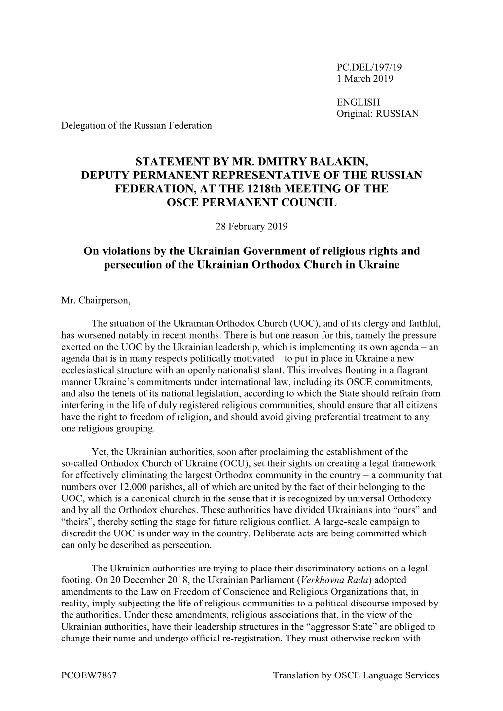 STATEMENT by MR. DMITRY BALAKIN, DEPUTY PERMANENT REPRESENTATIVE of the RUSSIAN FEDERATION, at the 1218Th MEETING of the OSCE PERMANENT COUNCIL