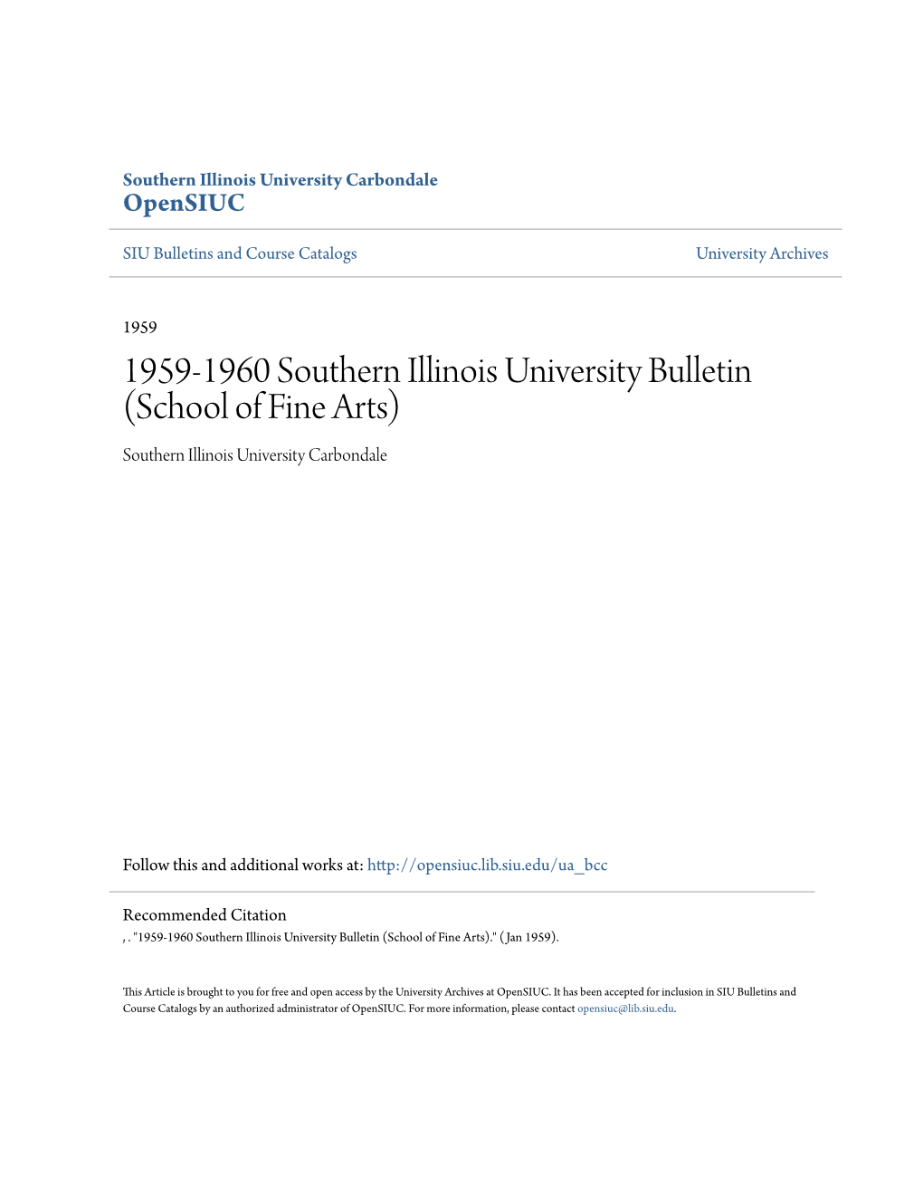 1959-1960 Southern Illinois University Bulletin (School of Fine Arts) Southern Illinois University Carbondale