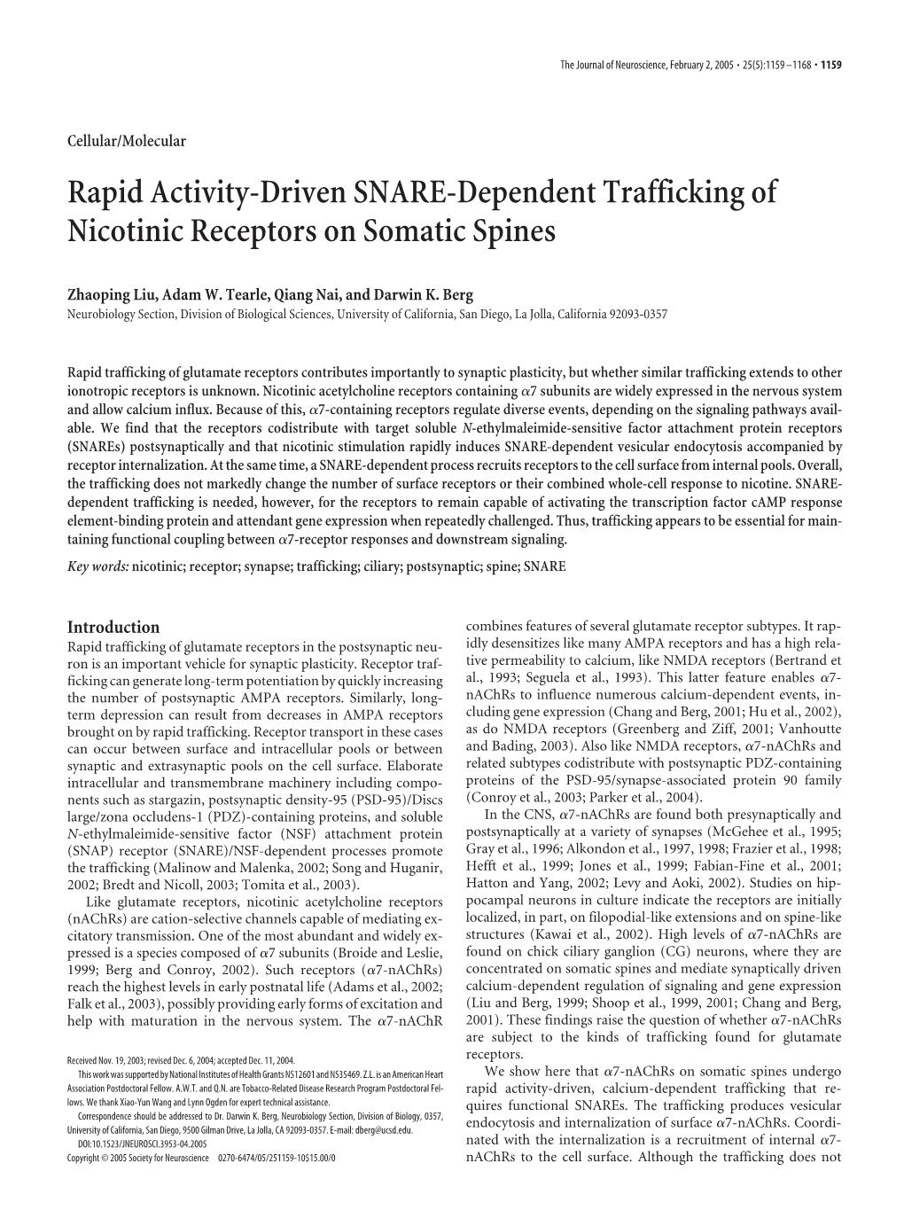 Rapid Activity-Driven SNARE-Dependent Trafficking of Nicotinic Receptors on Somatic Spines