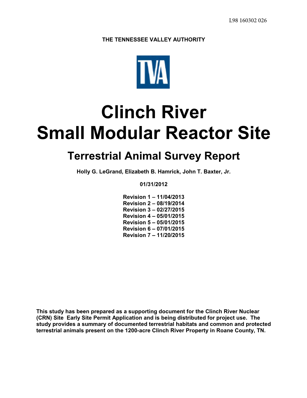 Clinch River Small Modular Reactor Site Terrestrial Animal Survey Report