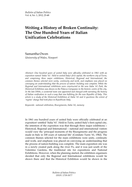 Writing a History of Broken Continuity: the One Hundred Years of Italian Unification Celebrations