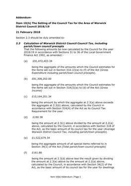 The Setting of the Council Tax for the Area of Warwick District Council 2018/19