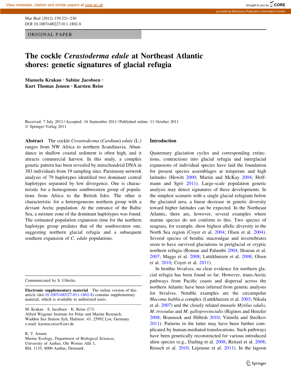 The Cockle Cerastoderma Edule at Northeast Atlantic Shores: Genetic Signatures of Glacial Refugia