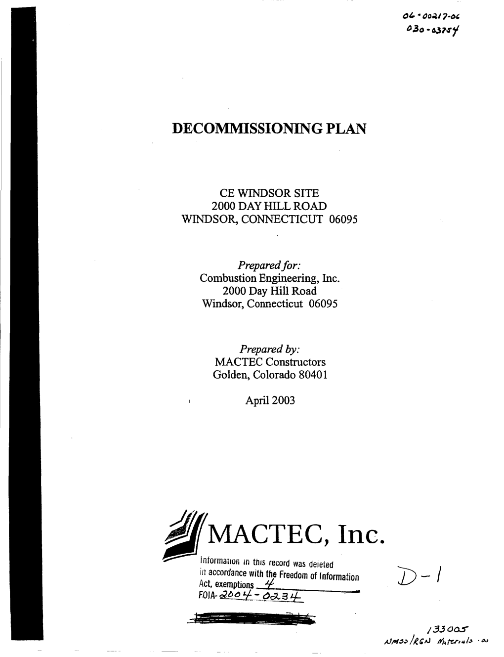 Decommissioning Plan for the Combustion Engineering (CE) Site