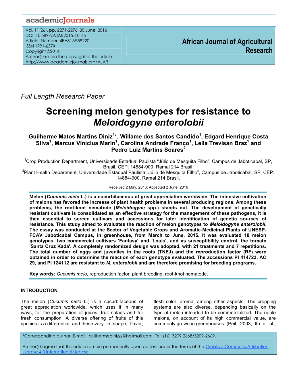 Screening Melon Genotypes for Resistance to Meloidogyne Enterolobii