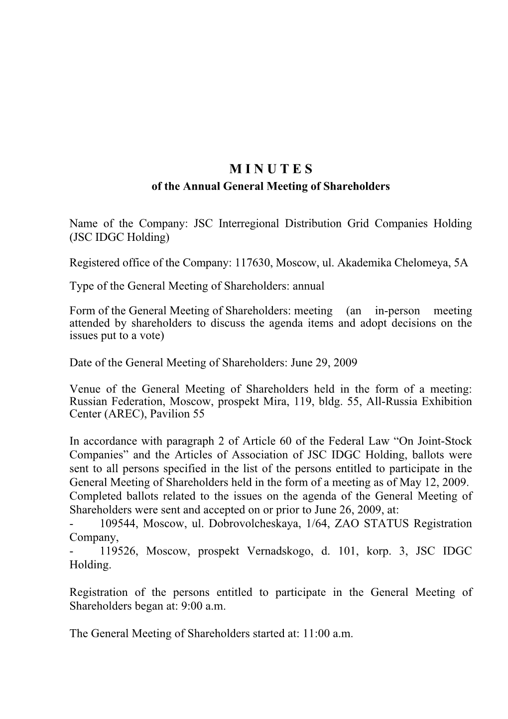 MINUTES of the Annual General Meeting of Shareholders June, 29
