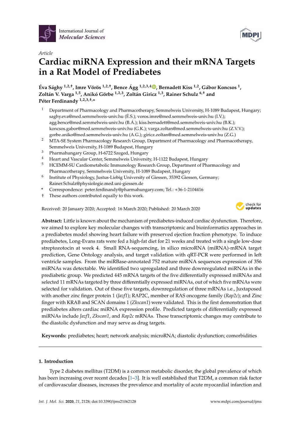 Cardiac Mirna Expression and Their Mrna Targets in a Rat Model of Prediabetes