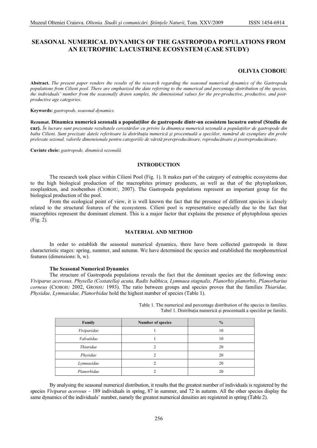 Seasonal Numerical Dynamics of the Gastropoda Populations from an Eutrophic Lacustrine Ecosystem (Case Study)