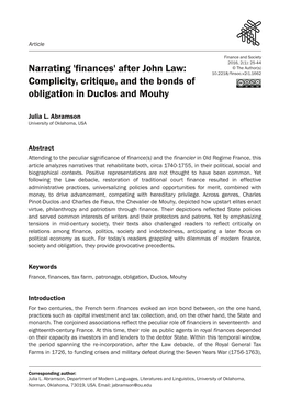 Finances' After John Law: 10.2218/Finsoc.V2i1.1662 Complicity, Critique, and the Bonds of Obligation in Duclos and Mouhy