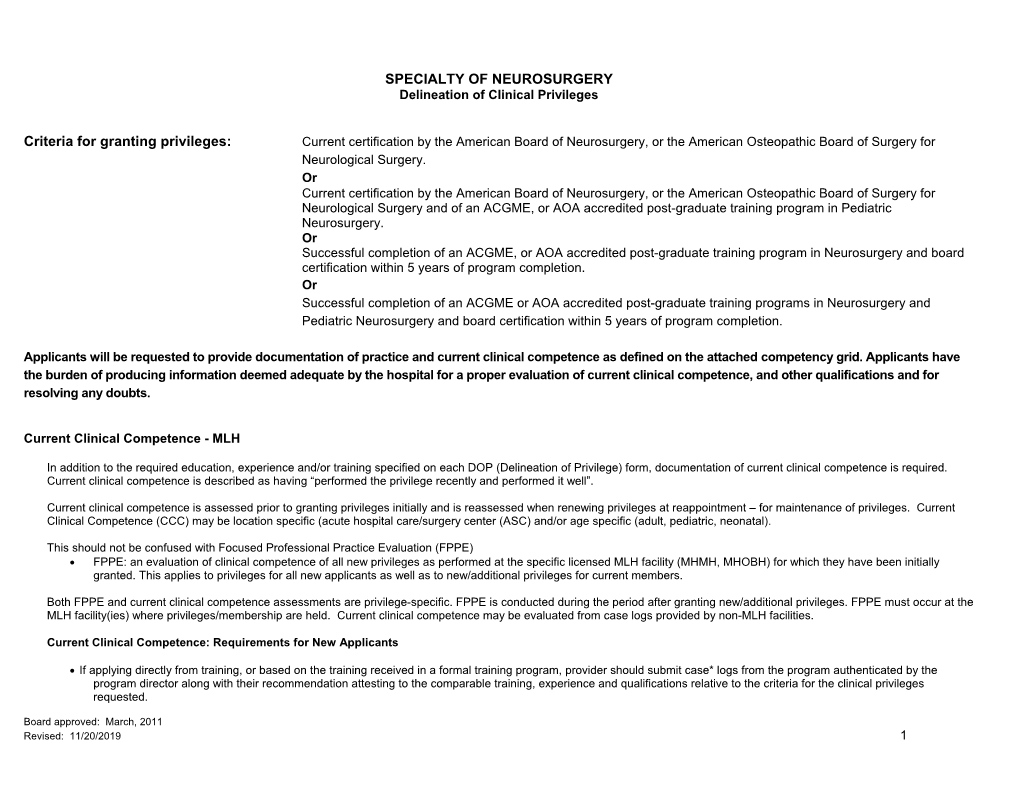 NEUROSURGERY Delineation of Clinical Privileges