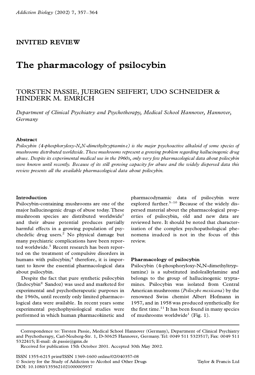 The Pharmacology of Psilocybin