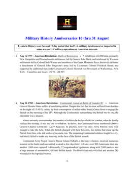 Military History Anniversaries 16 Thru 31 August