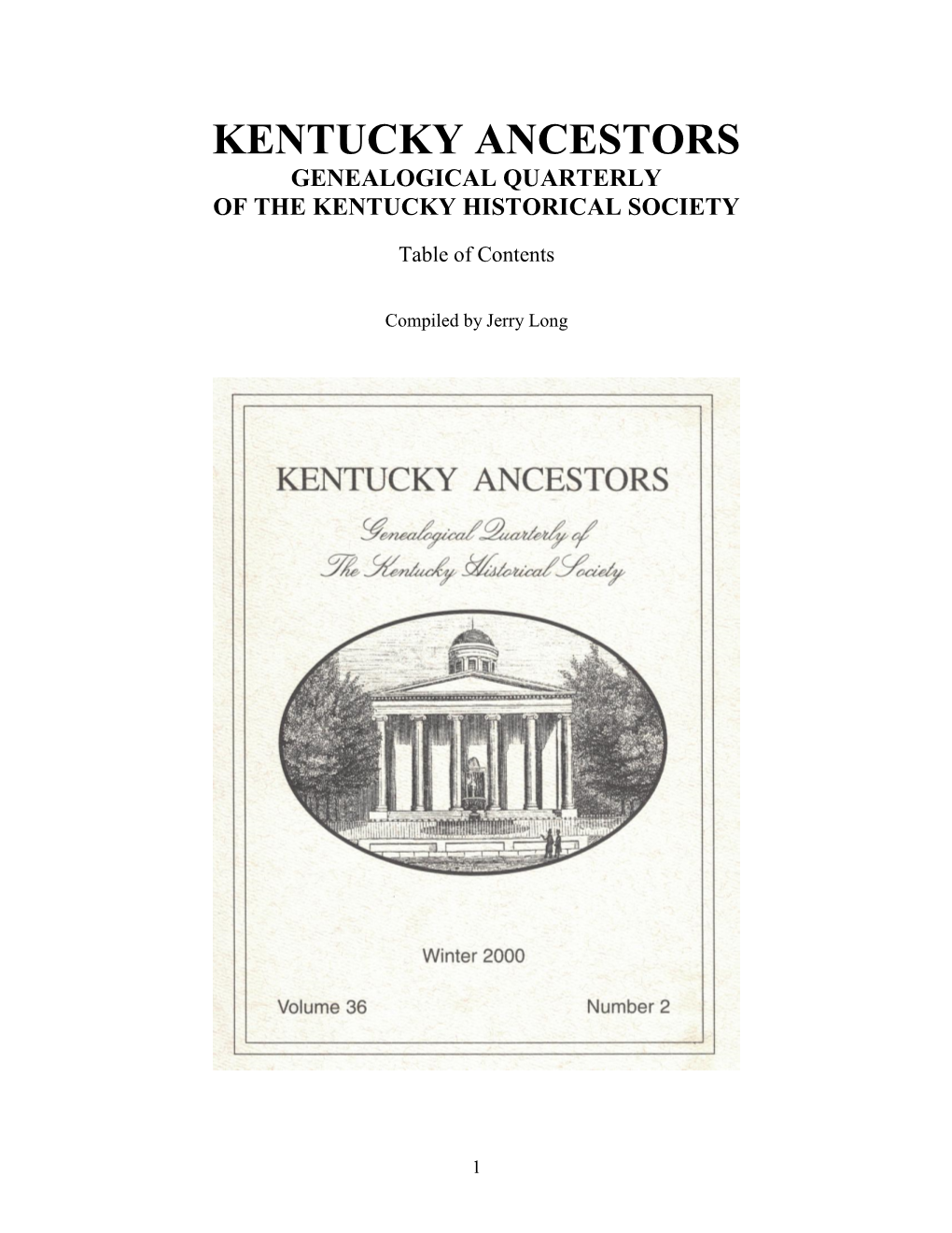 Kentucky Ancestors Genealogical Quarterly of the Kentucky Historical Society