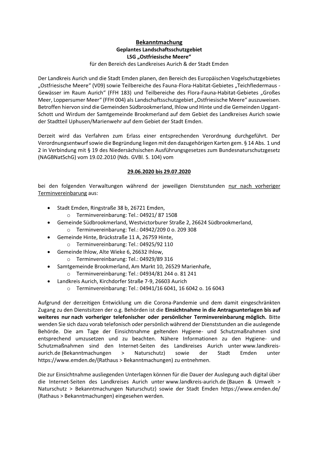 Bekanntmachung Geplantes Landschaftsschutzgebiet LSG „Ostfriesische Meere“ Für Den Bereich Des Landkreises Aurich & Der Stadt Emden