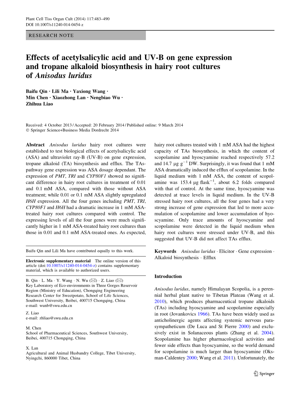 Effects of Acetylsalicylic Acid and UV-B on Gene Expression and Tropane Alkaloid Biosynthesis in Hairy Root Cultures of Anisodus Luridus