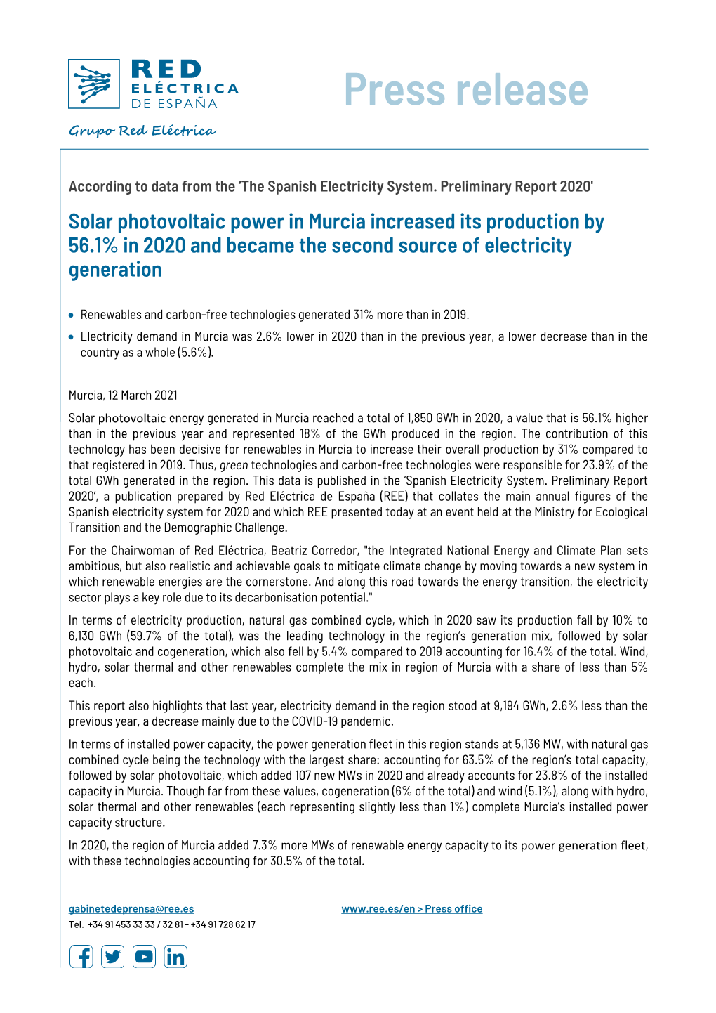 Murcia Increased Its Production by 56.1% in 2020 and Became the Second Source of Electricity Generation