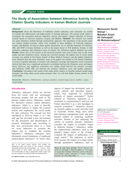 The Study of Association Between Altmetrics Activity Indicators and Citation Quality Indicators in Iranian Medical Journals