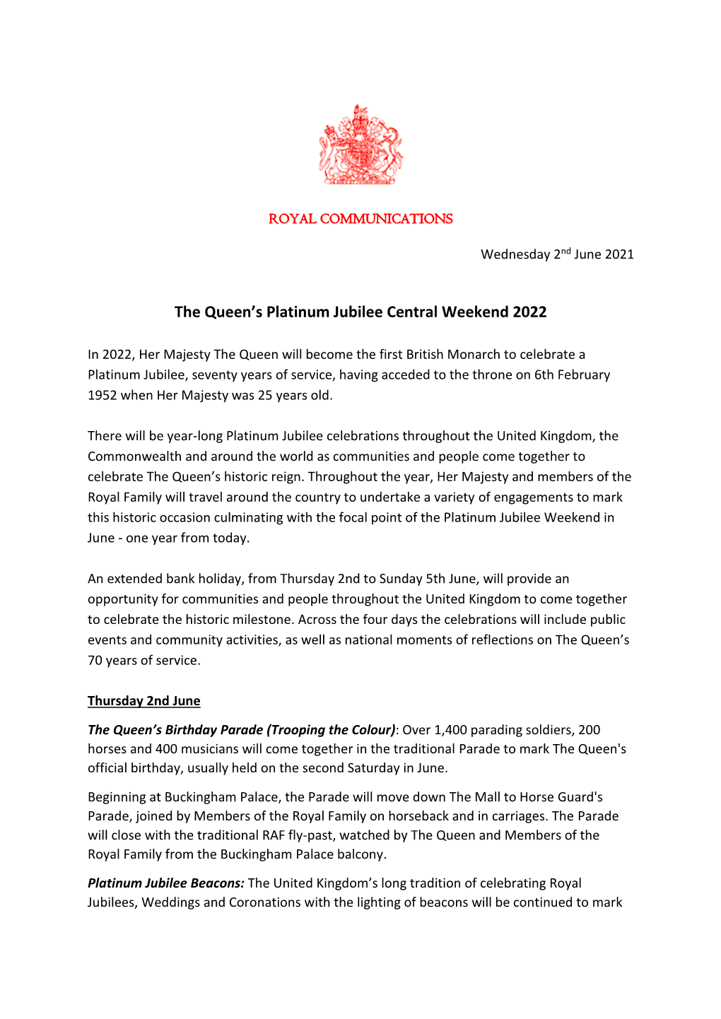 The Queen's Platinum Jubilee Central Weekend 2022