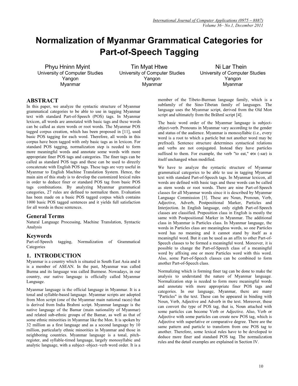 Normalization of Myanmar Grammatical Categories for Part-Of-Speech Tagging