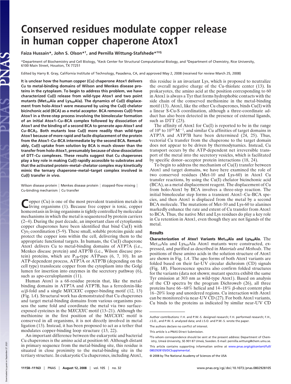 Conserved Residues Modulate Copper Release in Human Copper Chaperone Atox1