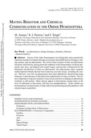 Mating Behavior and Chemical Communication in the Order Hymenoptera