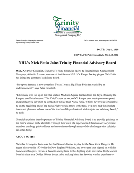 NHL's Nick Fotiu Joins Trinity Financial Advisory Board