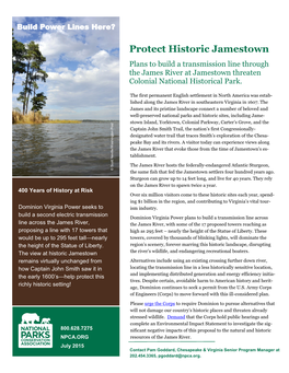 Protect Historic Jamestown Plans to Build a Transmission Line Through the James River at Jamestown Threaten Colonial National Historical Park