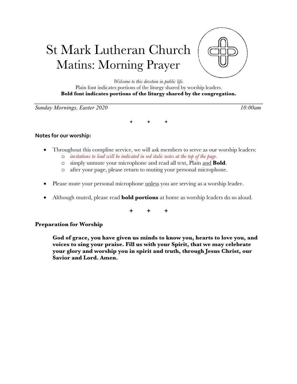 St Mark Lutheran Church Matins: Morning Prayer