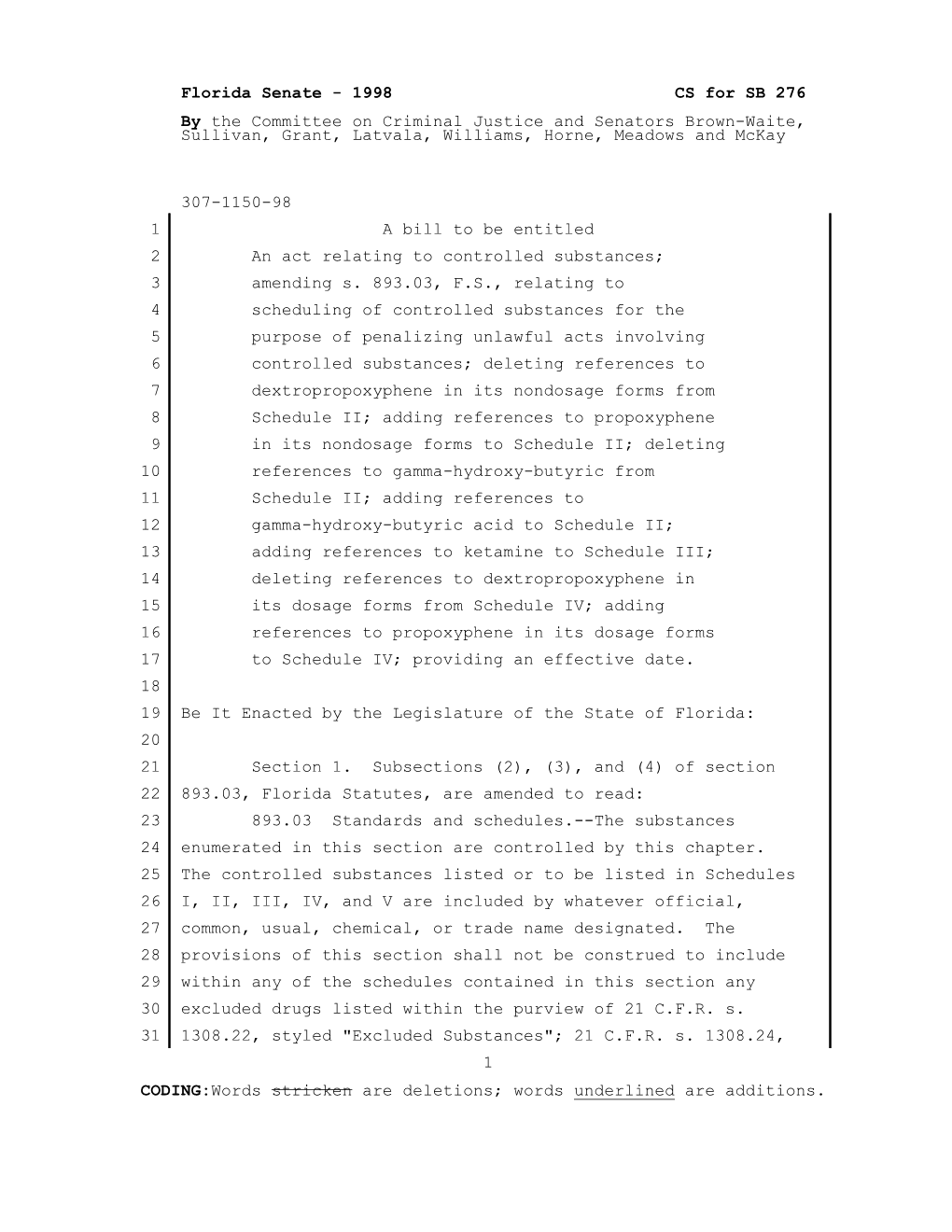 1998 CS for SB 276 by the Committee on Criminal Justice and Senators Brown-Waite, Sullivan, Grant, Latvala, Williams, Horne, Meadows and Mckay