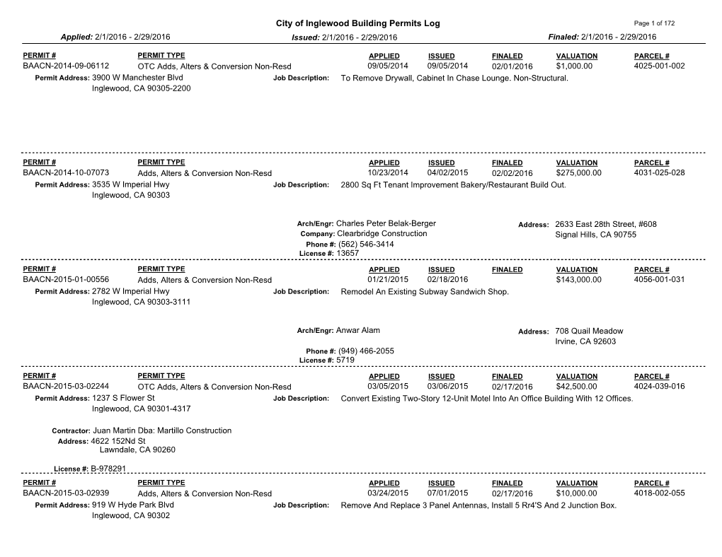 City of Inglewood Building Permits Log Page 1 of 172 Applied: 2/1/2016 - 2/29/2016 Issued: 2/1/2016 - 2/29/2016 Finaled: 2/1/2016 - 2/29/2016