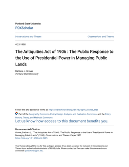 The Antiquities Act of 1906 : the Public Response to the Use of Presidential Power in Managing Public Lands