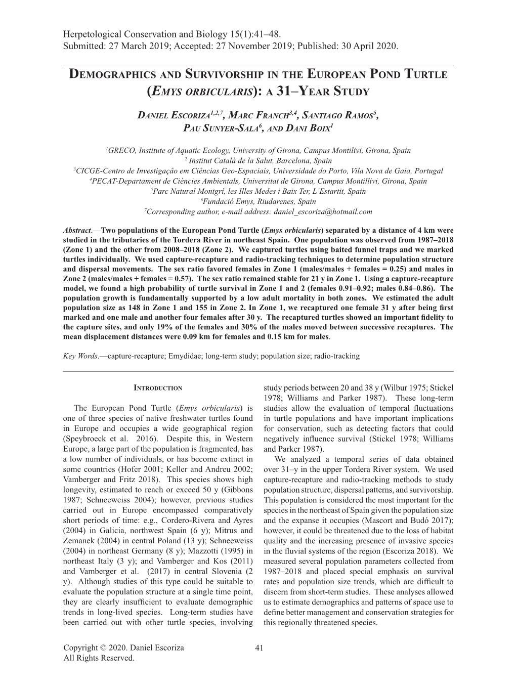 Emys Orbicularis): a 31–Year Study