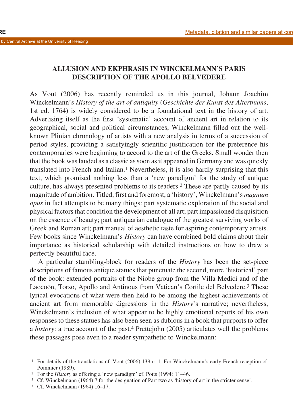 ALLUSION and EKPHRASIS in WINCKELMANN's PARIS DESCRIPTION of the APOLLO BELVEDERE As Vout