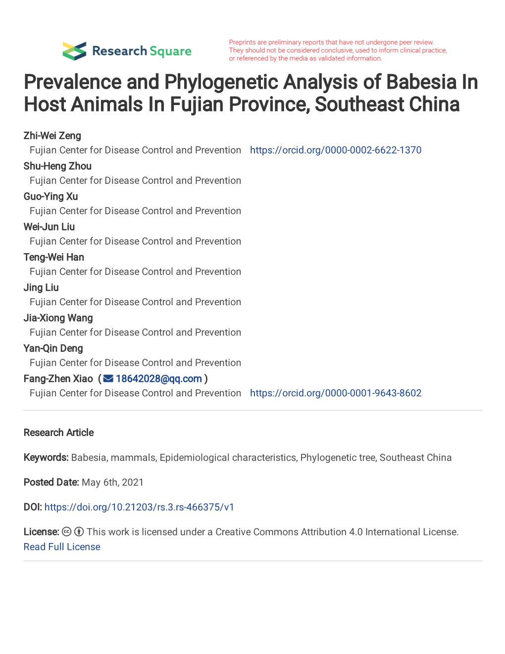 Prevalence and Phylogenetic Analysis of Babesia in Host Animals in Fujian Province, Southeast China