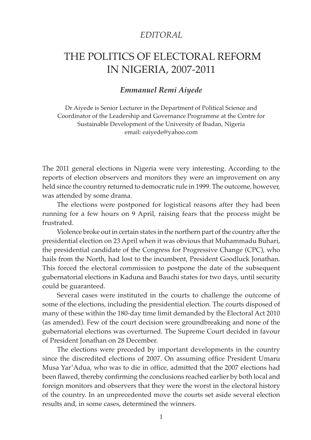 The Politics of Electoral Reform in Nigeria, 2007-2011
