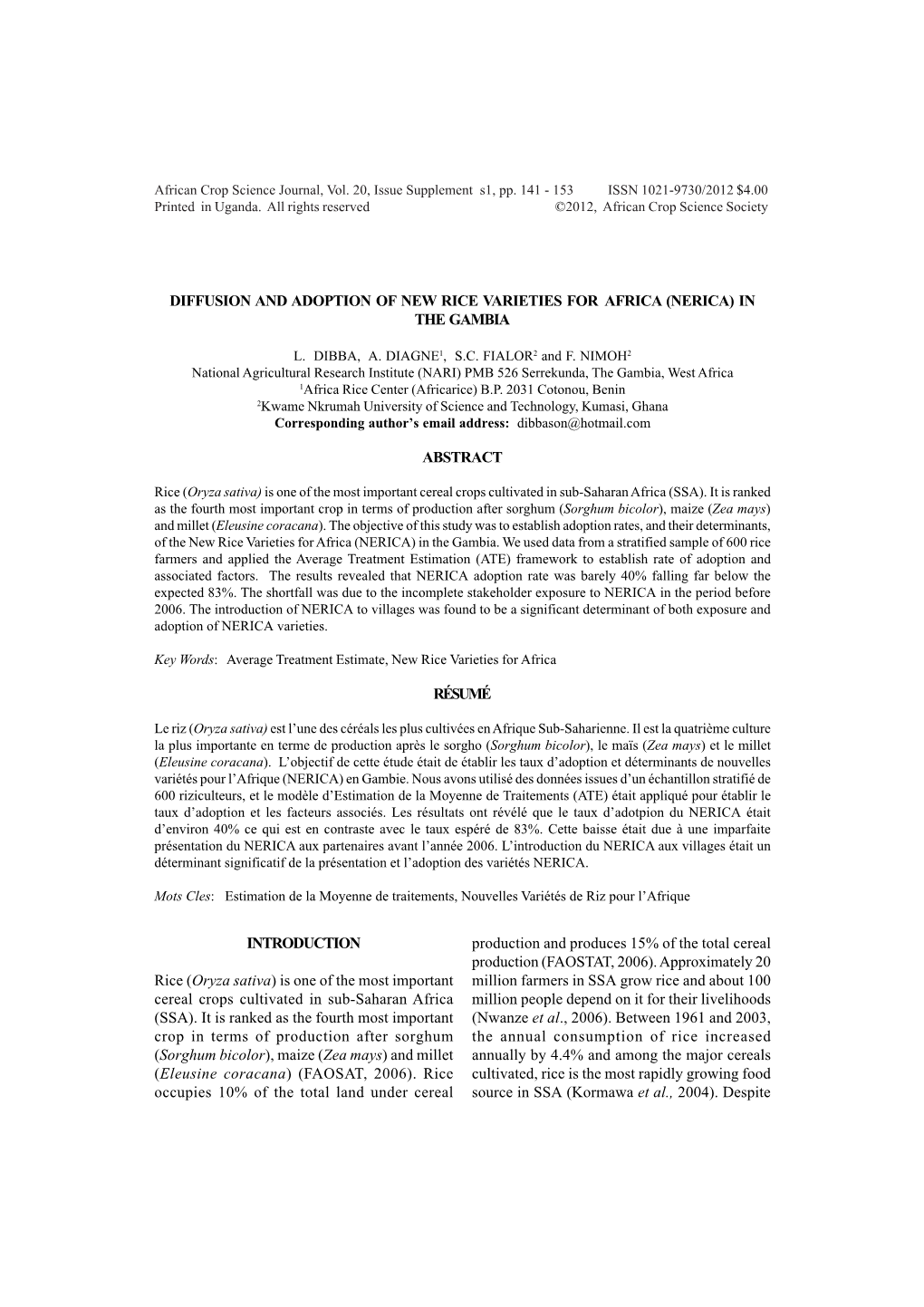 Diffusion and Adoption of New Rice Varieties for Africa (Nerica) in the Gambia