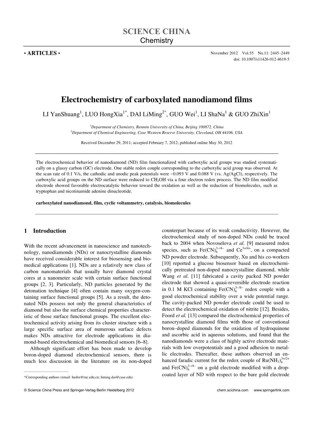 SCIENCE CHINA Electrochemistry of Carboxylated Nanodiamond Films