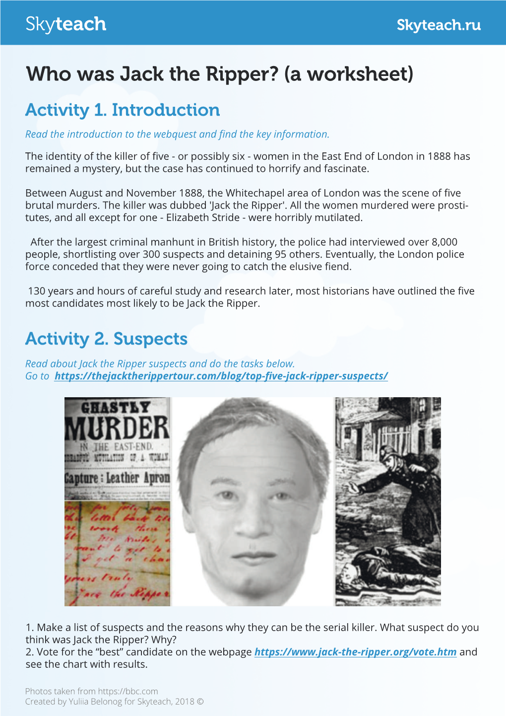 Who Was Jack the Ripper?(A Worksheet)