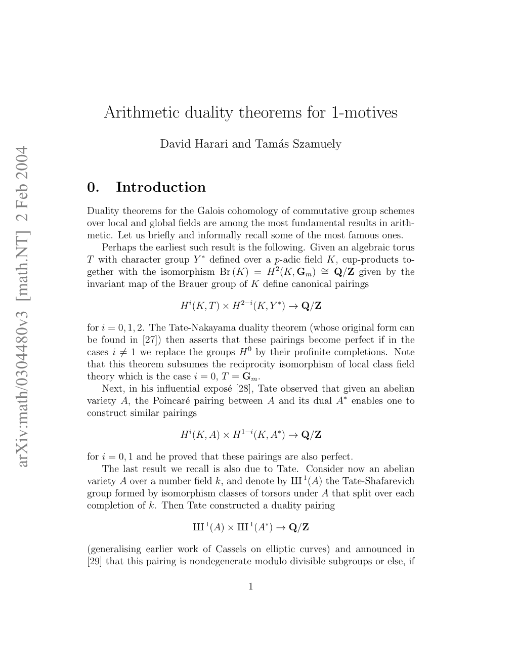 Arxiv:Math/0304480V3 [Math.NT] 2 Feb 2004 Arithmetic Duality Theorems for 1-Motives