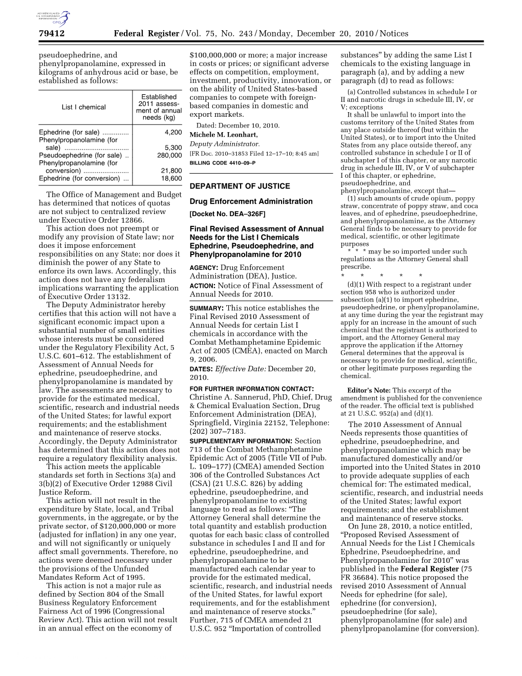Federal Register/Vol. 75, No. 243/Monday, December 20, 2010