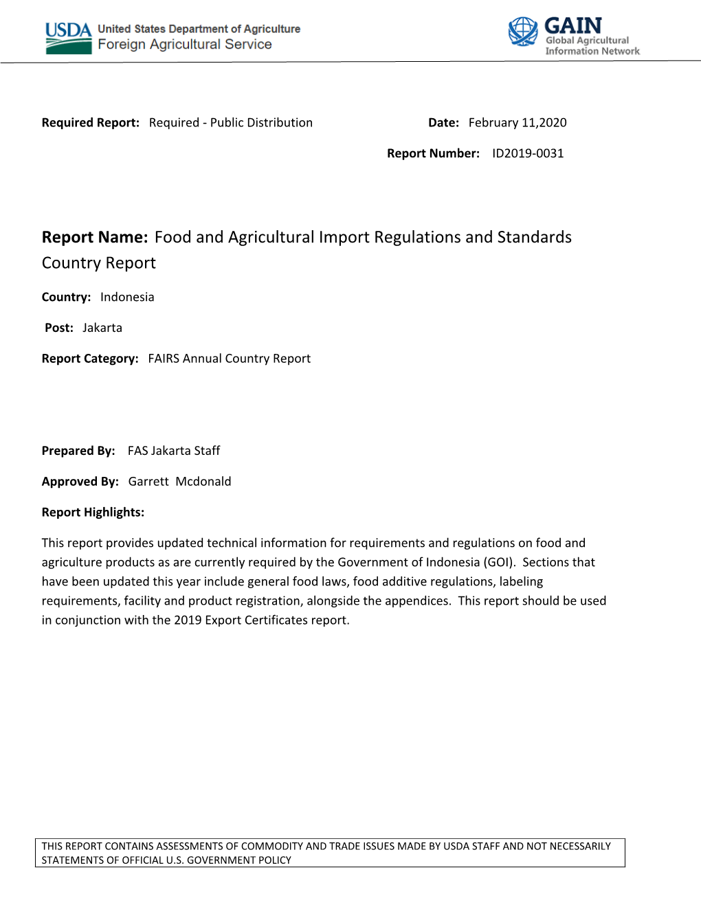 Report Name: Food and Agricultural Import Regulations and Standards Country Report