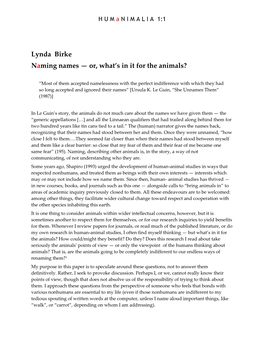 Lynda Birke Naming Names — Or, What's in It for the Animals?