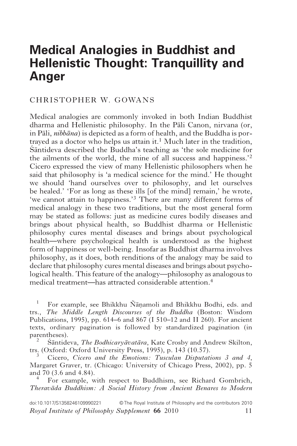 Medical Analogies in Buddhist and Hellenistic Thought: Tranquillity and Anger