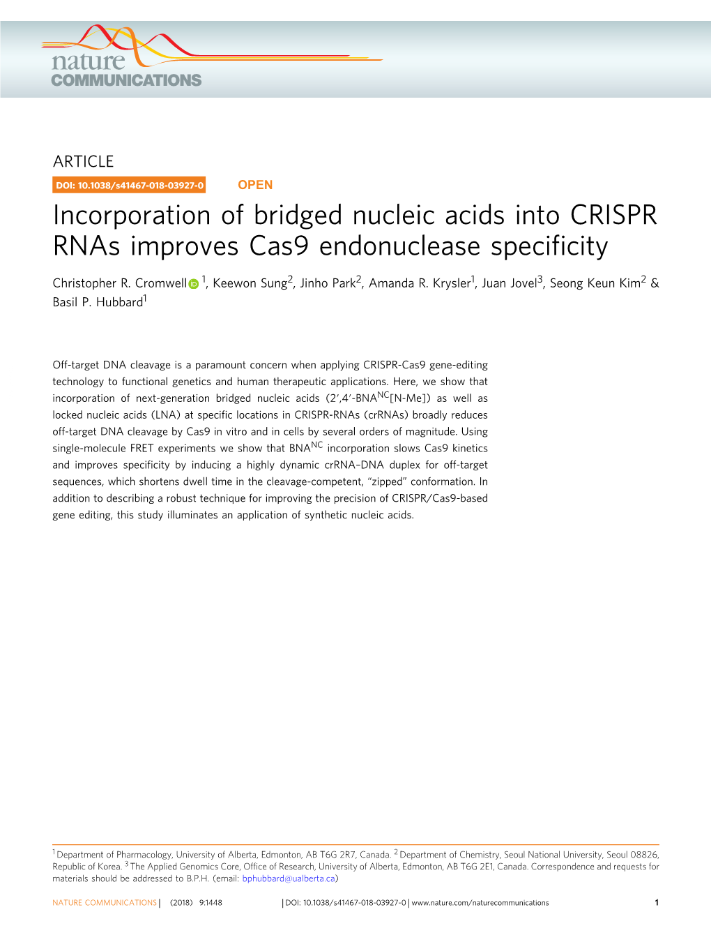 Incorporation of Bridged Nucleic Acids Into CRISPR Rnas Improves Cas9 Endonuclease Speciﬁcity