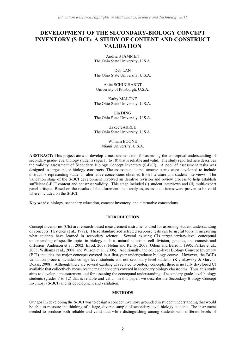 Development of the Secondary-Biology Concept Inventory (S-Bci): a Study of Content and Construct Validation