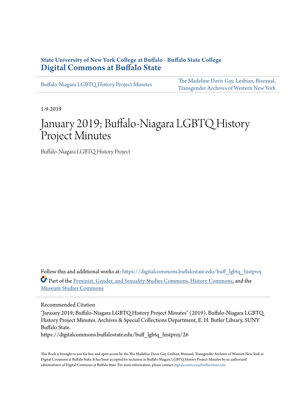 January 2019; Buffalo-Niagara LGBTQ History Project Minutes Buffalo-Niagara LGBTQ History Project